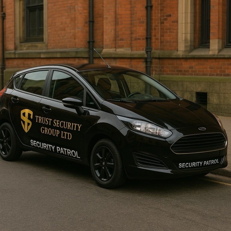 Trust Security Group branded patrol car parked outside a brick building in Leicester, used for mobile alarm response.